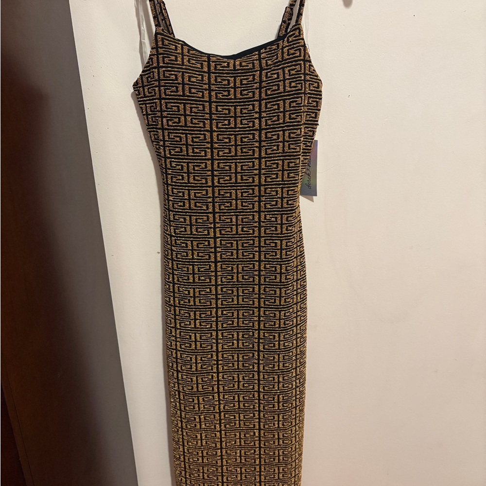 Designer Patterned Black and Tan Dress